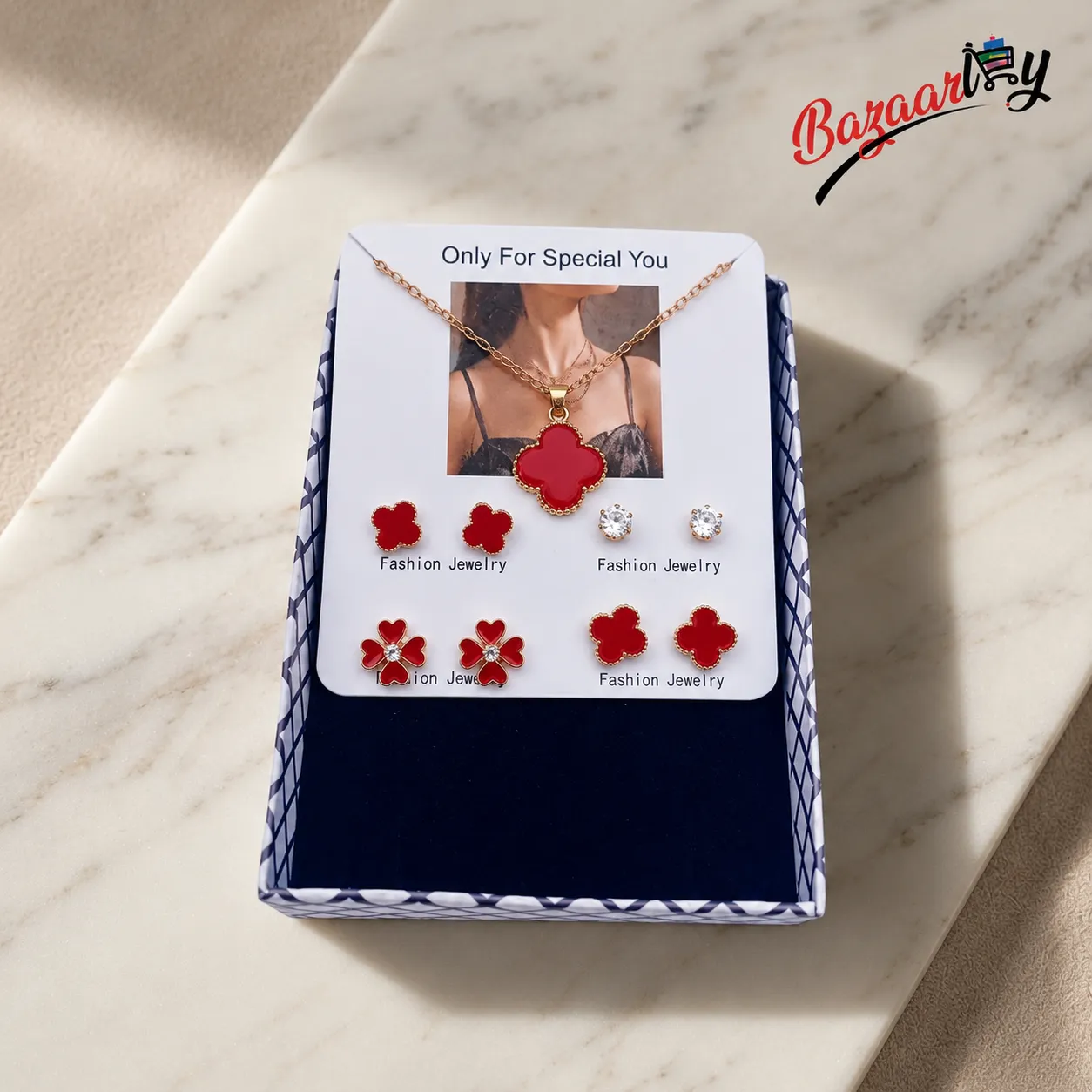 Elegant Red Clover Necklace & Earrings Set for Women – Gold-Tone Fashion Jewelry Set